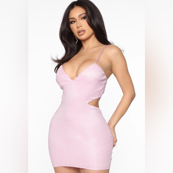 Fashion Nova Pink Glittery Cut Out Bodycon Mini Dress Size Small - Picture 1 of 9